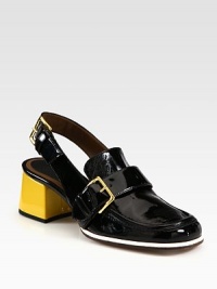 Loafer-inspired slingback pump in smooth and crinkled patent with a contrasting block heel. Self-covered heel, 2 (50mm)Patent leather upperAdjustable strapsLeather lining and solePadded insoleMade in Italy Loafer-inspired slingback pump in smooth and crinkled patent with a contrasting block heel. Self-covered heel, 2 (50mm)Patent leather upperAdjustable strapsLeather lining and solePadded insoleMade in Italy