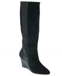 Cool combo. Paris Hilton's Kaori tall wedge boots feature a strip of leather that contrasts nicely against the suede shaft.