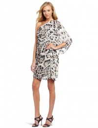 HALSTON HERITAGE Women's One Shoulder Draped Sleeve Dress, Flint Feathered Mesh, 2 HALSTON HERITAGE Women's One Shoulder Draped Sleeve Dress, Flint Feathered Mesh, 2