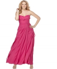 Make a lasting impression in this stunning plus size strapless silhouette by Adrianna Papell. This evening dress features a flattering banded waist and delicate tiers throughout the skirt. Make a lasting impression in this stunning plus size strapless silhouette by Adrianna Papell. This evening dress features a flattering banded waist and delicate tiers throughout the skirt.
