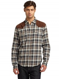 THE LOOKPlaid designPoint collarSuede-like geometric panels at yokeButton frontDual button flap pocketsShirttail hemTHE MATERIALCottonCARE & ORIGINMachine washImportedThis item was originally available for purchase at Saks Fifth Avenue OFF 5TH stores. THE LOOKPlaid designPoint collarSuede-like geometric panels at yokeButton frontDual button flap pocketsShirttail hemTHE MATERIALCottonCARE & ORIGINMachine washImportedThis item was originally available for purchase at Saks Fifth Avenue OFF 5TH stores.