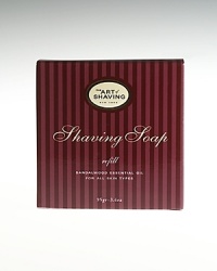 For the traditional form of wet shaving The Art of Shaving offers their classic Shaving Soaps. Formulated with glycerin and coconut oil, they generate a rich and warm lather when used with a Shaving Brush and hot water. The lather protects the skin and softens the beard while providing an extremely close shave. The soaps come in elegant teak wood bowls, which can be refilled. Sandalwood Essential Oil - Normal to Dry Skin For the traditional form of wet shaving The Art of Shaving offers their classic Shaving Soaps. Formulated with glycerin and coconut oil, they generate a rich and warm lather when used with a Shaving Brush and hot water. The lather protects the skin and softens the beard while providing an extremely close shave. The soaps come in elegant teak wood bowls, which can be refilled. Sandalwood Essential Oil - Normal to Dry Skin