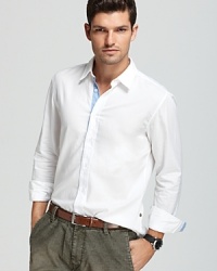 Pinstripes at the placket and the cuffs add subtly cool depth to this crisp button-down shirt from HUGO Orange. Pinstripes at the placket and the cuffs add subtly cool depth to this crisp button-down shirt from HUGO Orange.