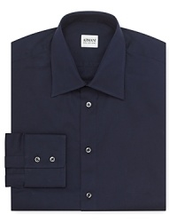Add variety to your closet with a bold navy dress shirt from Armani Collezioni. Add variety to your closet with a bold navy dress shirt from Armani Collezioni.