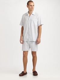 Relax and lounge-around in this remarkably comfortable two-piece short set, in easy-fitting, lightweight cotton. Machine wash. Imported.SHIRTSpread collarButtonfrontChest patch pocketSHORTSAdjustable two-button waistButton flyNo pocketsInseam, about 3½ Relax and lounge-around in this remarkably comfortable two-piece short set, in easy-fitting, lightweight cotton. Machine wash. Imported.SHIRTSpread collarButtonfrontChest patch pocketSHORTSAdjustable two-button waistButton flyNo pocketsInseam, about 3½