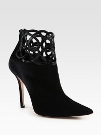 A point toe suede silhouette is upgraded with modern cage detailing of lustrous patent leather. Self-covered heel, 4½ (115mm)Suede and patent leather upperPoint toeBack zipLeather lining and solePadded insoleMade in Italy A point toe suede silhouette is upgraded with modern cage detailing of lustrous patent leather. Self-covered heel, 4½ (115mm)Suede and patent leather upperPoint toeBack zipLeather lining and solePadded insoleMade in Italy