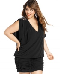 Dance the night away in Trixxi's short sleeve plus size dress, featuring sequined shoulders! Dance the night away in Trixxi's short sleeve plus size dress, featuring sequined shoulders!