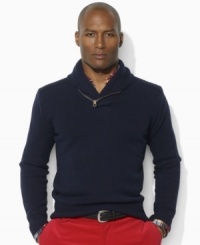 An eye-catching zipper at the shawl collar grants a modern update to a classic sweater in jersey-knit wool. An eye-catching zipper at the shawl collar grants a modern update to a classic sweater in jersey-knit wool.