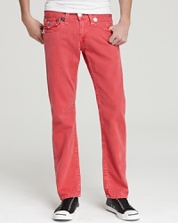 A classic 5-pocket silhouette with a contemporary wash and slim straight leg, plus edgy details like horseshoe stitching and large silver-tone rivets at points of wear, distinguish this pair of True Religion jeans from the sea of regular denim. A classic 5-pocket silhouette with a contemporary wash and slim straight leg, plus edgy details like horseshoe stitching and large silver-tone rivets at points of wear, distinguish this pair of True Religion jeans from the sea of regular denim.