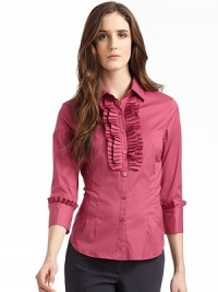 THE LOOKShirt collarThree-quarter length sleeves with button cuffs and pleated trimFront button closureBust dartsFront and back Princess seamsTHE FITAbout 25 from shoulder to hemTHE MATERIAL72% cotton/24% nylon/4% elastaneFully linedCARE & ORIGINDry cleanImportedModel shown is 5'10½ (179cm) wearing US size 4. THE LOOKShirt collarThree-quarter length sleeves with button cuffs and pleated trimFront button closureBust dartsFront and back Princess seamsTHE FITAbout 25 from shoulder to hemTHE MATERIAL72% cotton/24% nylon/4% elastaneFully linedCARE & ORIGINDry cleanImportedModel shown is 5'10½ (179cm) wearing US size 4.