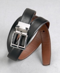 Have it both ways. This handsome black leather belt reverses with a simple twist of the buckle to a an equally fetching brown belt. Silver hardware, embossed logo on each side. Have it both ways. This handsome black leather belt reverses with a simple twist of the buckle to a an equally fetching brown belt. Silver hardware, embossed logo on each side.