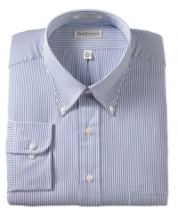 Crafted in a comfortable cotton blend, this striped oxford dress shirt from Van Heusen is a versatile complement to your Monday through Friday rotation.