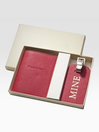An essential for every jetsetter, this set comes with a soft leather passport cover and luggage tag with sturdy buckle for many happy travels.LeatherHandcraftedPassport cover: 4 X 5.5Luggage tag: 6.25 X 2.5Made in USA An essential for every jetsetter, this set comes with a soft leather passport cover and luggage tag with sturdy buckle for many happy travels.LeatherHandcraftedPassport cover: 4 X 5.5Luggage tag: 6.25 X 2.5Made in USA