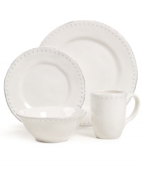 Elegant is an understatement with the Blanc Brigette place setting by Versailles Maison. Raised dots and a soft white finish adorn classic silhouettes in beautifully distressed earthenware. Elegant is an understatement with the Blanc Brigette place setting by Versailles Maison. Raised dots and a soft white finish adorn classic silhouettes in beautifully distressed earthenware.