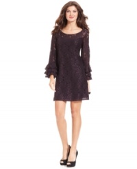 Work the crowd in a dress that mingles rich purple lace, ruffles and sequins. From Jessica Howard.