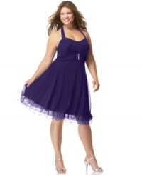 Short and sweet: be the life of the party in Ruby Rox's flattering A-line plus size dress with an eye-catching rhinestone pin. Short and sweet: be the life of the party in Ruby Rox's flattering A-line plus size dress with an eye-catching rhinestone pin.