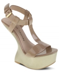 For the fearless fashionista. Chinese Laundry's Controversy platform wedge sandals may come in standard neutral shades, but the startling heelless shape will have you standing out for sure. For the fearless fashionista. Chinese Laundry's Controversy platform wedge sandals may come in standard neutral shades, but the startling heelless shape will have you standing out for sure.