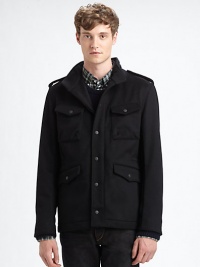 The stylish culmination of flawless tailoring and impeccable virgin wool.Stand collarDetachable hoodEpaulettesButton closureFront zipperWoolDry cleanImported The stylish culmination of flawless tailoring and impeccable virgin wool.Stand collarDetachable hoodEpaulettesButton closureFront zipperWoolDry cleanImported