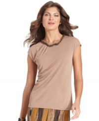 Jones New York's short-sleeve top is a breezy basic with a twist. Skip the necklace, the embellished chain at the neckline offers the right amount of sparkle! (Clearance)