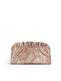 THE LOOKSnakeskin-embossed Italian calfskin with metallic touchesElongated shapeRuffled topFrame top closureInside logo detailIncludes signature dust bagTHE MEASUREMENT9½W X 6H X 1DTHE MATERIALItalian calfskinStriped jacquard liningORIGINMade in USA THE LOOKSnakeskin-embossed Italian calfskin with metallic touchesElongated shapeRuffled topFrame top closureInside logo detailIncludes signature dust bagTHE MEASUREMENT9½W X 6H X 1DTHE MATERIALItalian calfskinStriped jacquard liningORIGINMade in USA