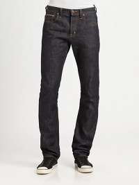 Raw indigo-rinsed denim classic in a slim-leg silhouette, with folded back pocket detailing and enlarged, logo-branded button shanks.Five-pocket styleButton flyInseam, about 35CottonMachine washImported Raw indigo-rinsed denim classic in a slim-leg silhouette, with folded back pocket detailing and enlarged, logo-branded button shanks.Five-pocket styleButton flyInseam, about 35CottonMachine washImported