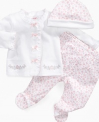 From her head to her toes, she'll be cute and snug with this simply sweet 3-piece shirt, footed pant and beanie set from Little Me. From her head to her toes, she'll be cute and snug with this simply sweet 3-piece shirt, footed pant and beanie set from Little Me.