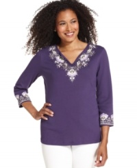 An easy top from Karen Scott features a pretty floral motif at the neckline and cuffs for a feminine touch. Studded accents add a little sparkle, too! An easy top from Karen Scott features a pretty floral motif at the neckline and cuffs for a feminine touch. Studded accents add a little sparkle, too!