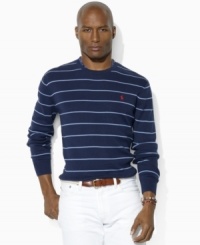 A versatile crewneck sweater is rendered in ultra-soft Pima cotton and accented with sleek stripes and Ralph Lauren's embroidered pony for a refined finish. A versatile crewneck sweater is rendered in ultra-soft Pima cotton and accented with sleek stripes and Ralph Lauren's embroidered pony for a refined finish.