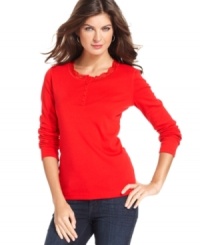 Jones New York Signature's henley top is a feminine take on a casual staple, thanks to pretty lace at the neckline. Jones New York Signature's henley top is a feminine take on a casual staple, thanks to pretty lace at the neckline.