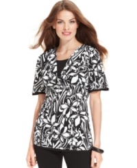 Make a statement in JM Collection's printed top, featuring a scoop-neck inset for a chic layered look. Make a statement in JM Collection's printed top, featuring a scoop-neck inset for a chic layered look.