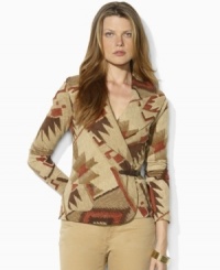 Lauren by Ralph Lauren's serape-inspired pattern adds heritage appeal to a soft shawl-collar petite cardigan, rendered in soft cotton with a faux-leather buckle at the side. Lauren by Ralph Lauren's serape-inspired pattern adds heritage appeal to a soft shawl-collar petite cardigan, rendered in soft cotton with a faux-leather buckle at the side.