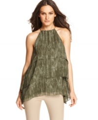 Chain straps add a glam edge to this chiffon MICHAEL Michael Kors tiered halter top -- perfect for a dressy weekend look! Chain straps add a glam edge to this chiffon MICHAEL Michael Kors tiered halter top -- perfect for a dressy weekend look!