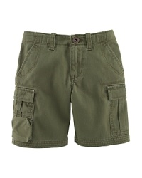 A rugged cargo short is crafted from durable cotton twill and finished with additional snap pockets for easy access to daily essentials. A rugged cargo short is crafted from durable cotton twill and finished with additional snap pockets for easy access to daily essentials.