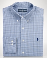 A classic button-down design never goes out of style, but depart form the norm with this checked dress shirt from Polo Ralph Lauren. A classic button-down design never goes out of style, but depart form the norm with this checked dress shirt from Polo Ralph Lauren.