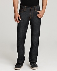 Slim, straight leg jeans with zip fly and button closure. Five pocket, dry denim with a clean wash. Low rise with signature back patch pockets. Slim, straight leg jeans with zip fly and button closure. Five pocket, dry denim with a clean wash. Low rise with signature back patch pockets.