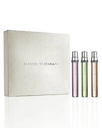 Renowned designer David Yurman introduces his newest fragrance creation: The David Yurman Essence Collection. A trio of evocative fragrances whose weightless radiance is reminiscent of the eloquent glow emanating from treasured jewels. Each essence can be worn alone or paired, mixed to create an expression that is as individual and effortless as the woman herself.Delicate Essence: Romantic and feminine. Inspired by the lustrous pink tourmaline gemstone.Fresh Essence: Crisp and playful. Inspired by the vivid peridot gemstone.Exotic Essence: Mysterious and sensual. Inspired by the glistening citrine gemstone.Now you can experience all three essences in the David Yurman Essence Collection Limited Edition Trio Set. Each Essence is housed in a 7.5 mL/0.25 fl. oz. Spray Vial featuring the iconic David Yurman cable design. Luxuriously featured in a natural linen white gift box, the collection features three spray vials that are perfect to take with you wherever you may go! Renowned designer David Yurman introduces his newest fragrance creation: The David Yurman Essence Collection. A trio of evocative fragrances whose weightless radiance is reminiscent of the eloquent glow emanating from treasured jewels. Each essence can be worn alone or paired, mixed to create an expression that is as individual and effortless as the woman herself.Delicate Essence: Romantic and feminine. Inspired by the lustrous pink tourmaline gemstone.Fresh Essence: Crisp and playful. Inspired by the vivid peridot gemstone.Exotic Essence: Mysterious and sensual. Inspired by the glistening citrine gemstone.Now you can experience all three essences in the David Yurman Essence Collection Limited Edition Trio Set. Each Essence is housed in a 7.5 mL/0.25 fl. oz. Spray Vial featuring the iconic David Yurman cable design. Luxuriously featured in a natural linen white gift box, the collection features three spray vials that are perfect to take with you wherever you may go!