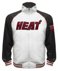 The Most Valuable Fan wears this baseball style running jacket featuring the Miami Heat by Majestic. The Most Valuable Fan wears this baseball style running jacket featuring the Miami Heat by Majestic.