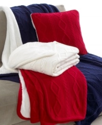 Bringing you the comfort of your favorite sweater, this Reversible decorative pillow from Martha Stewart Collection features a classic cable knit weave for superior texture. Reverses to Sherpa. Choose from three sophisticated hues. Bringing you the comfort of your favorite sweater, this Reversible decorative pillow from Martha Stewart Collection features a classic cable knit weave for superior texture. Reverses to Sherpa. Choose from three sophisticated hues.