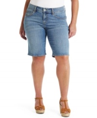 A light wash lends a classic feel to Levi's plus size size Bermuda shorts, featuring a tilted rise for fuller back coverage. A light wash lends a classic feel to Levi's plus size size Bermuda shorts, featuring a tilted rise for fuller back coverage.