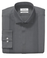 With a striped front, this Calvin Klein slim-fit shirt has the dapper air of a tuxedo shirt without the formality. With a striped front, this Calvin Klein slim-fit shirt has the dapper air of a tuxedo shirt without the formality.