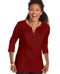 Karen Scott reinvents the everyday cotton tee with a chic pleated bib and faux henley placket. Pair it with jeans for everyday style. Karen Scott reinvents the everyday cotton tee with a chic pleated bib and faux henley placket. Pair it with jeans for everyday style.