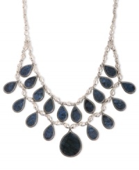 Splash onto the scene. This statement necklace from Lucky Brand is crafted from silver-tone mixed metal with semi-precious azurite and calcite teardrop-shaped stones providing a stylish touch. Approximate length: 19-1/2 inches + 2-inch extender. Approximate drop: 9 inches.