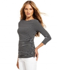 So much more than a typical striped tee, this MICHAEL Michael Kors top features flattering ruching and an exposed zipper for fresh, modern appeal. So much more than a typical striped tee, this MICHAEL Michael Kors top features flattering ruching and an exposed zipper for fresh, modern appeal.