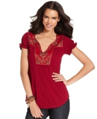 Beading details elevate this Lucky Brand Jeans top to stylish-staple status -- perfectly paired with your fave denim! Beading details elevate this Lucky Brand Jeans top to stylish-staple status -- perfectly paired with your fave denim!