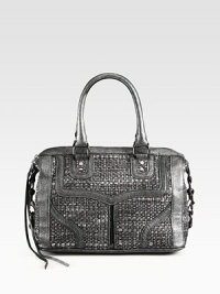 This classic tweed pattern is freshened with glimmering metallic leather trim for on-the-go style. Detachable shoulder strap, 18½ dropDouble top handles, 6 dropTop zip closure One outside open pocketProtective metal feetOne inside zip pocketTwo inside open pocketsCotton lining12½W X 8H X 7DImported