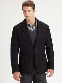 Single-breasted blazer displays a rich, textured appearance, tailored in superior virgin wool with a simple check pattern finish.Button-frontNotch lapelChest, waist patch pocketsSide ventsFully linedWoolDry cleanImported Single-breasted blazer displays a rich, textured appearance, tailored in superior virgin wool with a simple check pattern finish.Button-frontNotch lapelChest, waist patch pocketsSide ventsFully linedWoolDry cleanImported