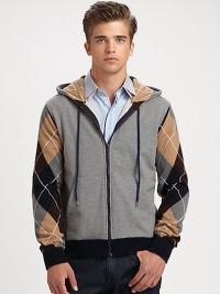 A weekend wardrobe essential receives the dapper style treatment, shaped in a superior blend of cotton and wool with a hint of stretch, as a classic argyle print pattern lines the hood and accents the sleeves.Zip frontAttached drawstring hoodSide slash pocketsRibbed knit cuffs and hem75% cotton/19% wool/6% elastaneDry cleanMade in Italy A weekend wardrobe essential receives the dapper style treatment, shaped in a superior blend of cotton and wool with a hint of stretch, as a classic argyle print pattern lines the hood and accents the sleeves.Zip frontAttached drawstring hoodSide slash pocketsRibbed knit cuffs and hem75% cotton/19% wool/6% elastaneDry cleanMade in Italy