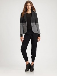 Lightweight wool-knit blazer renewed by a two-tone pattern, bracelet sleeves and oversized front patch pockets. Shawl collarBracelet sleevesButton frontFront patch pocketsBack ventsAbout 24 from shoulder to hemWoolDry cleanImportedModel shown is 5'10 (177cm) wearing US size Small. Lightweight wool-knit blazer renewed by a two-tone pattern, bracelet sleeves and oversized front patch pockets. Shawl collarBracelet sleevesButton frontFront patch pocketsBack ventsAbout 24 from shoulder to hemWoolDry cleanImportedModel shown is 5'10 (177cm) wearing US size Small.