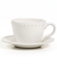 Elegant is an understatement with the Blanc Brigette cup and saucer by Versailles Maison. Raised dots and a soft white finish adorn classic silhouettes in beautifully distressed earthenware. Elegant is an understatement with the Blanc Brigette cup and saucer by Versailles Maison. Raised dots and a soft white finish adorn classic silhouettes in beautifully distressed earthenware.