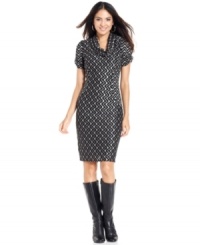 A dynamic pattern enlivens this cowlneck dress from Evan Picone. A dynamic pattern enlivens this cowlneck dress from Evan Picone.